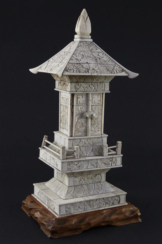 A Japanese ivory veneered model of a shrine, early 20th century, 32.5cm, wood stand